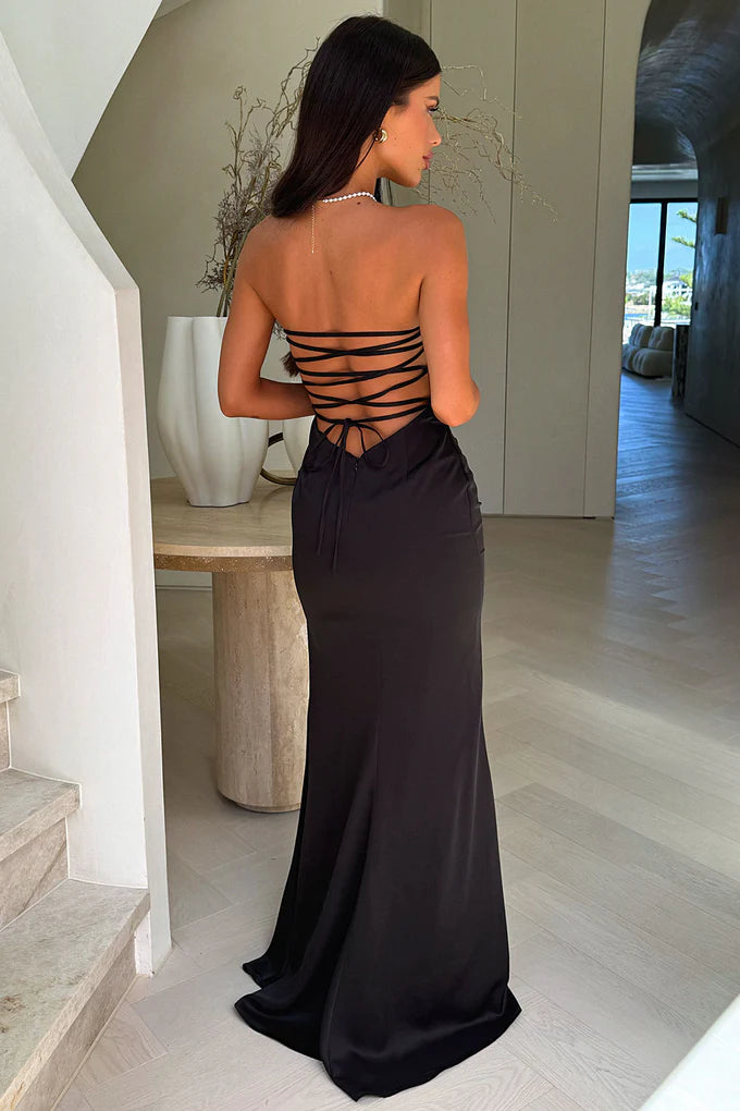 Black Satin Strapless Ruched Backless Evening Dresses for Prom Party Wedding Formal Events