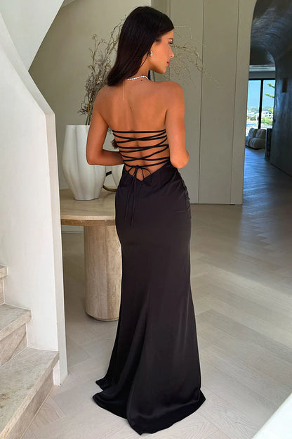 Black Satin Strapless Ruched Backless Evening Dresses for Prom Party Wedding Formal Events