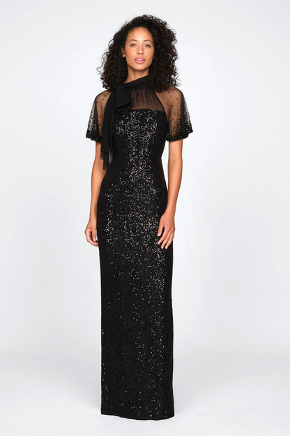 Black Sequin Sheath Mock Neck Sheer Puff Sleeve Bow Detail Floor Length Formal Evening Prom Dress