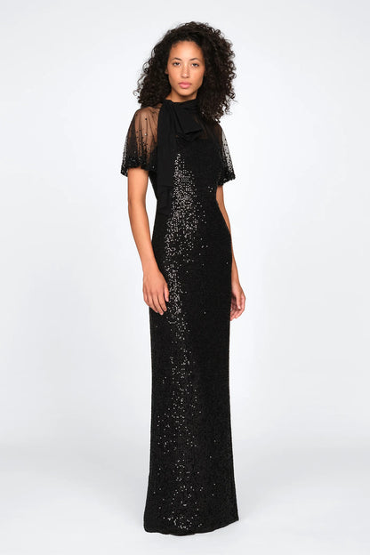 Black Sequin Sheath Mock Neck Sheer Puff Sleeve Bow Detail Floor Length Formal Evening Prom Dress