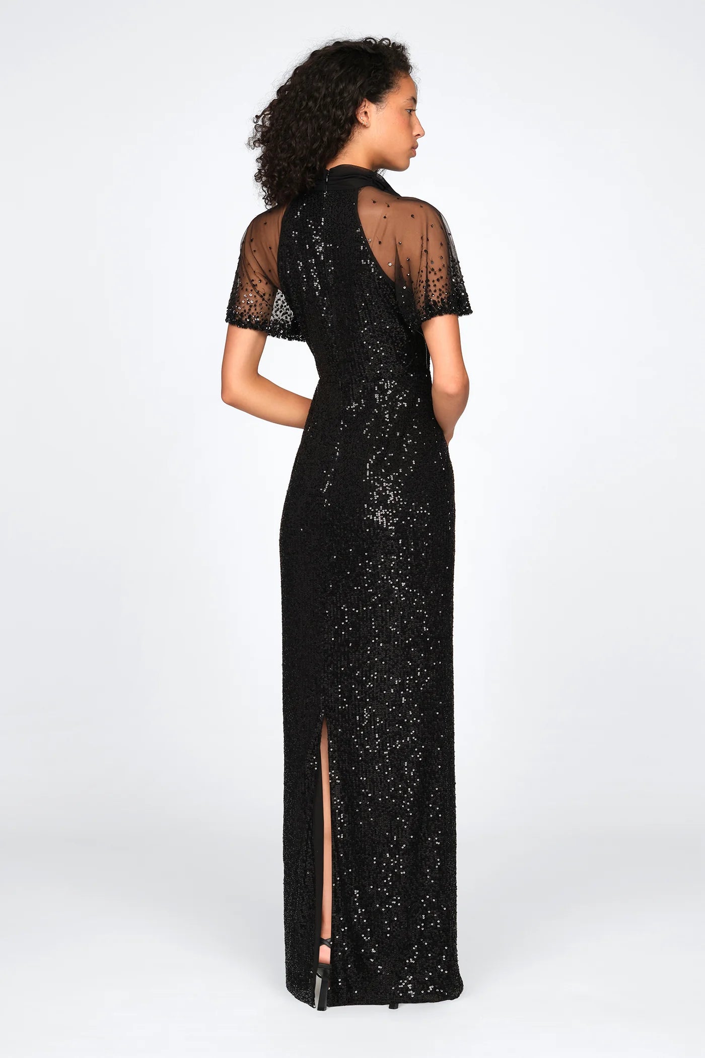 Black Sequin Sheath Mock Neck Sheer Puff Sleeve Bow Detail Floor Length Formal Evening Prom Dress