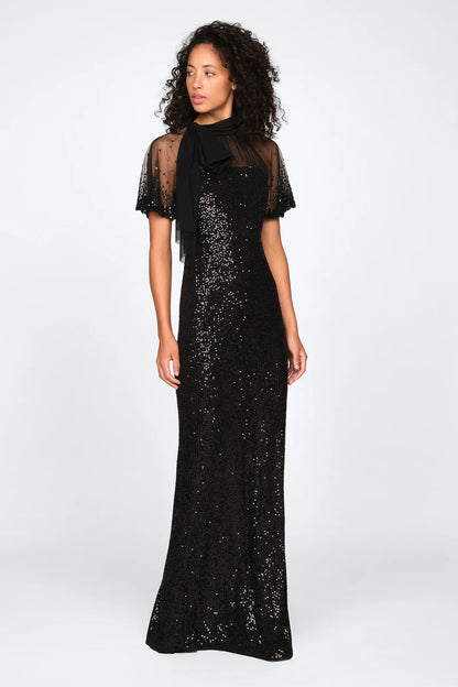 Black Sequin Sheath Mock Neck Sheer Puff Sleeve Bow Detail Floor Length Formal Evening Prom Dress