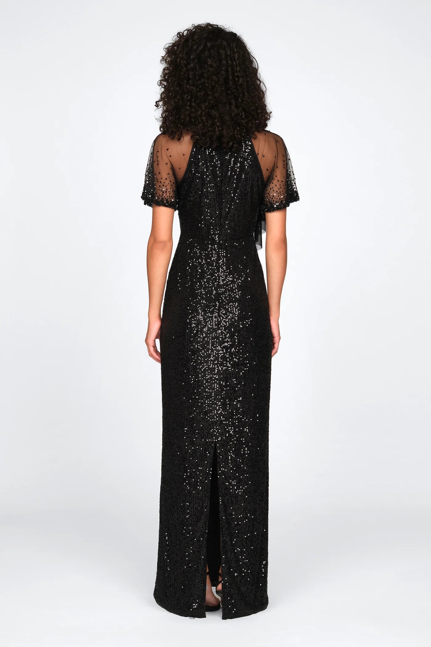 Black Sequin Sheath Mock Neck Sheer Puff Sleeve Bow Detail Floor Length Formal Evening Prom Dress