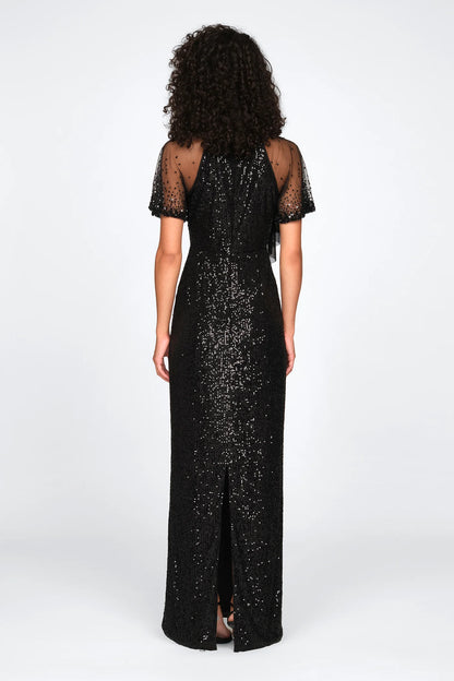 Black Sequin Sheath Mock Neck Sheer Puff Sleeve Bow Detail Floor Length Formal Evening Prom Dress