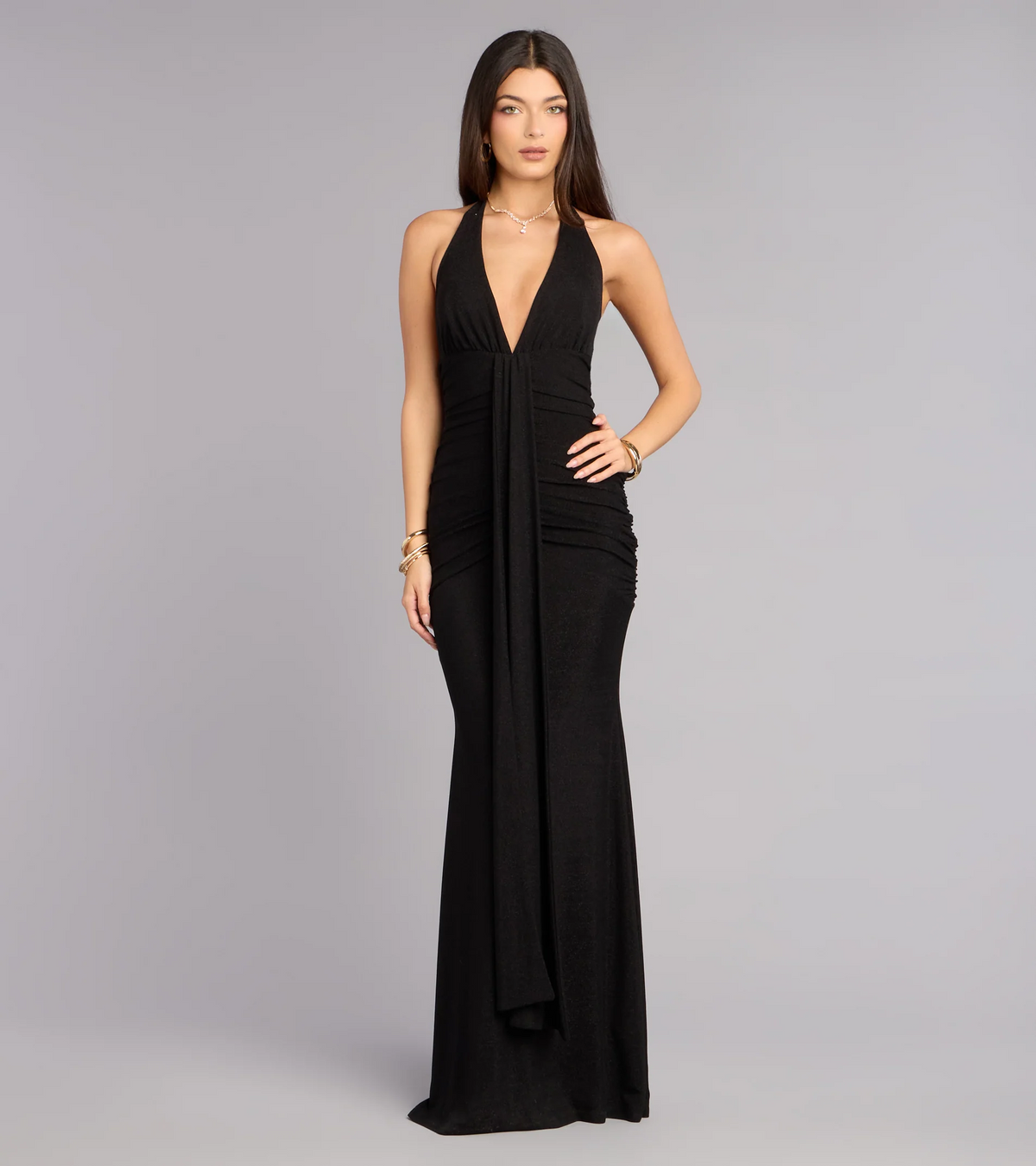 Black Shimmer Mermaid Halter Deep V Low Back Evening Dresses