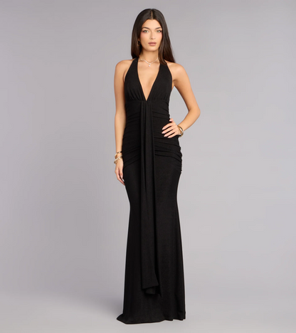 Black Shimmer Mermaid Halter Deep V Low Back Evening Dresses