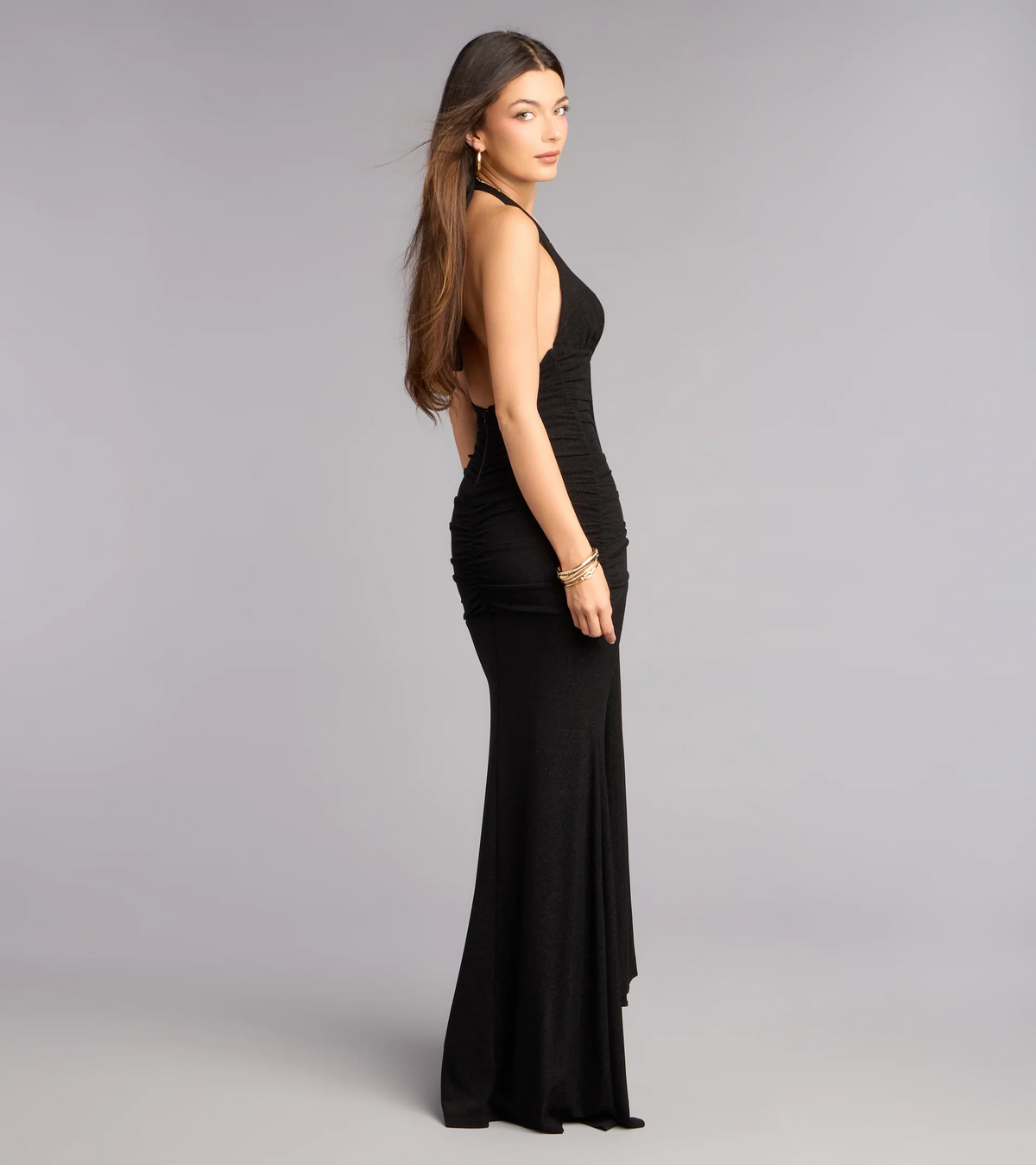 Black Shimmer Mermaid Halter Deep V Low Back Evening Dresses