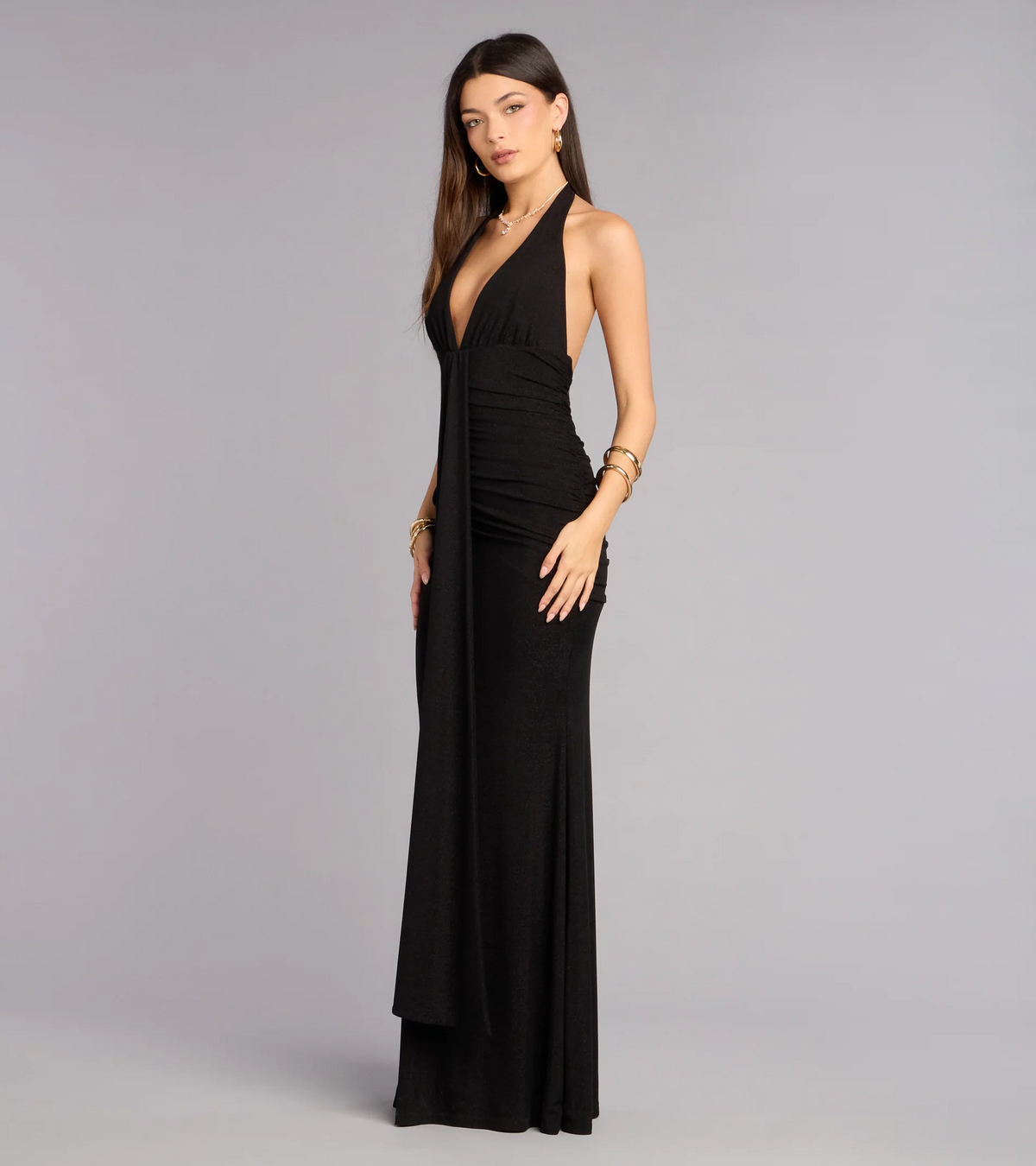 Black Shimmer Mermaid Halter Deep V Low Back Evening Dresses