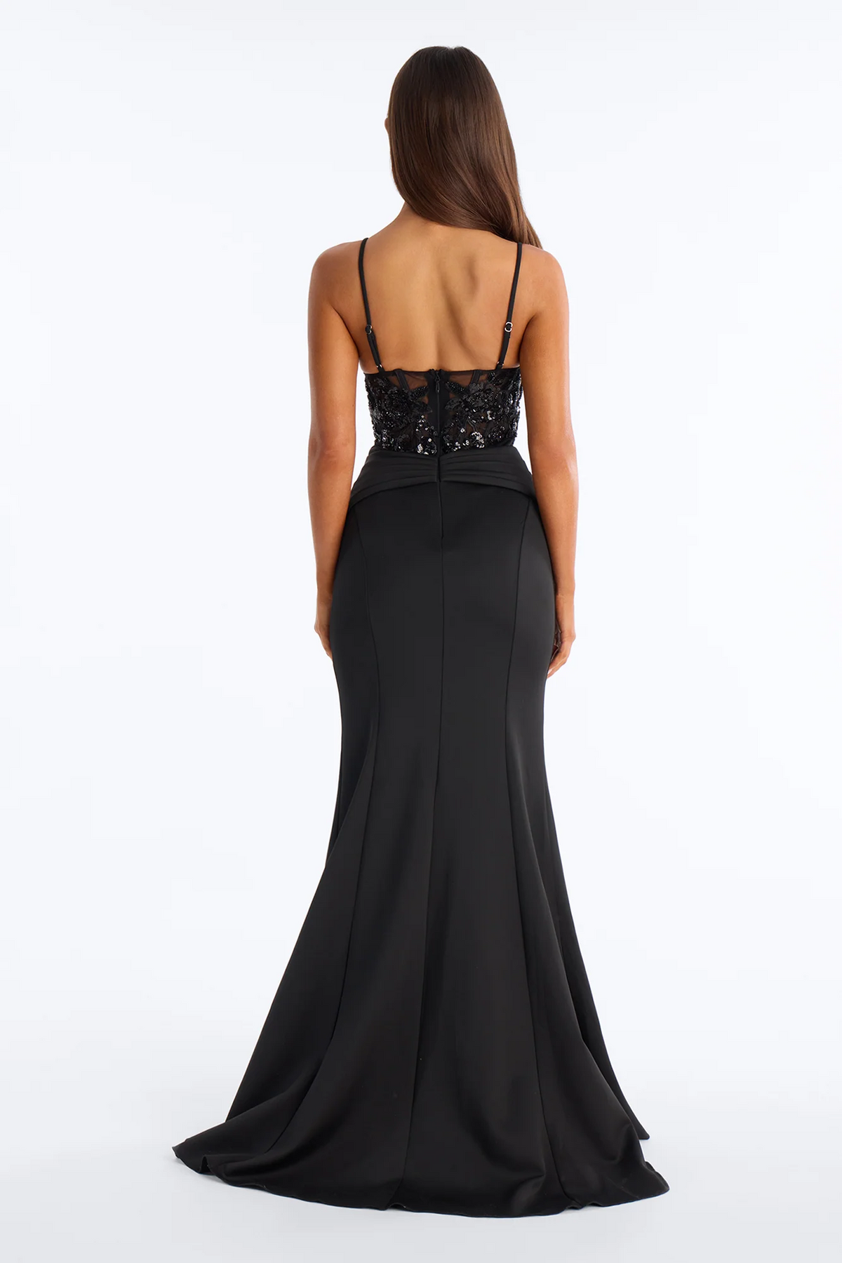 Black Spaghetti Strap Sequin Lace Corset High Slit Mermaid Evening Dress