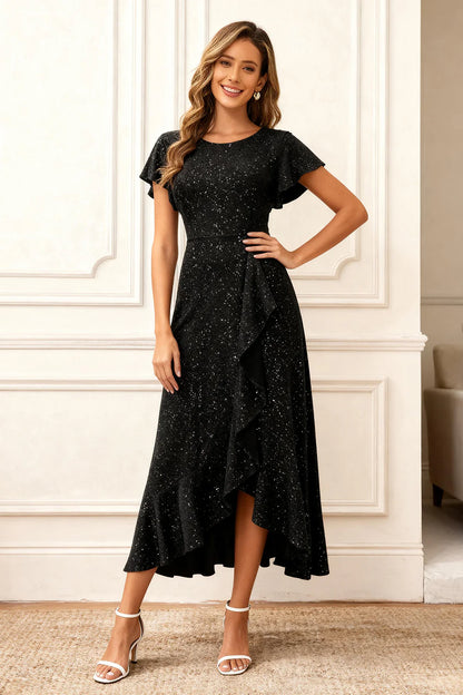 Black Sparkly Prom Dress With Round Neck Short Flutter Sleeves And High Low Ruffle Hem For Formal Evening Party