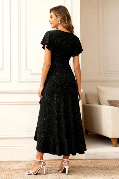 Black Sparkly Prom Dress With Round Neck Short Flutter Sleeves And High Low Ruffle Hem For Formal Evening Party