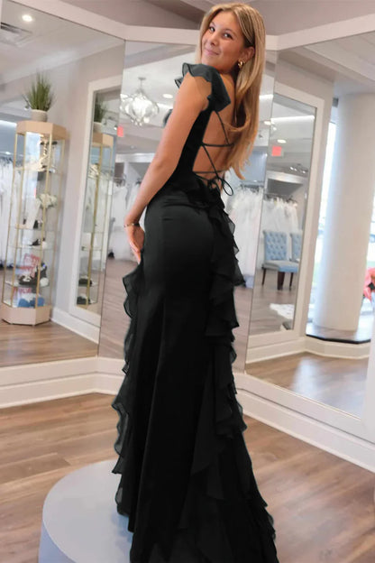 Luxury Black Evening Dresses Square Neck with Satin Mermaid Silhouette and Ruffle Accents