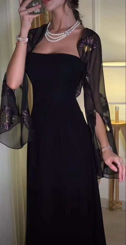 Black Strapless Prom Dress With Floral Embroidered Sheer Chiffon Shrug And Elegant Fitted Maxi Formal Prom Dress