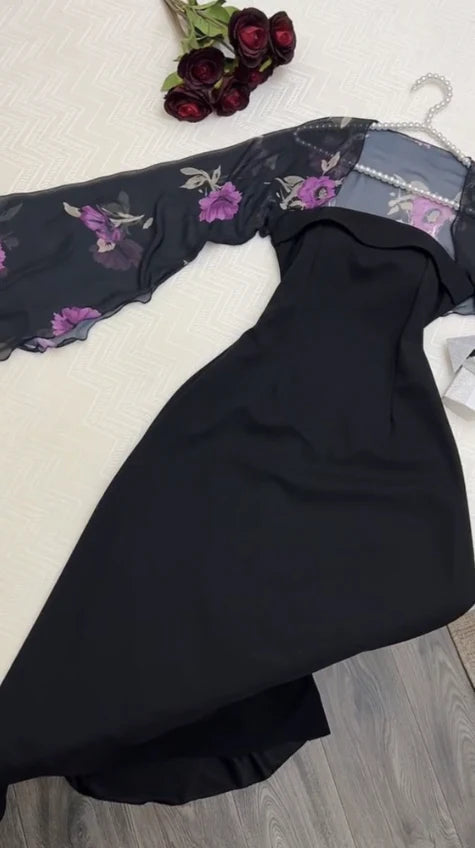 Black Strapless Prom Dress With Floral Embroidered Sheer Chiffon Shrug And Elegant Fitted Maxi Formal Prom Dress