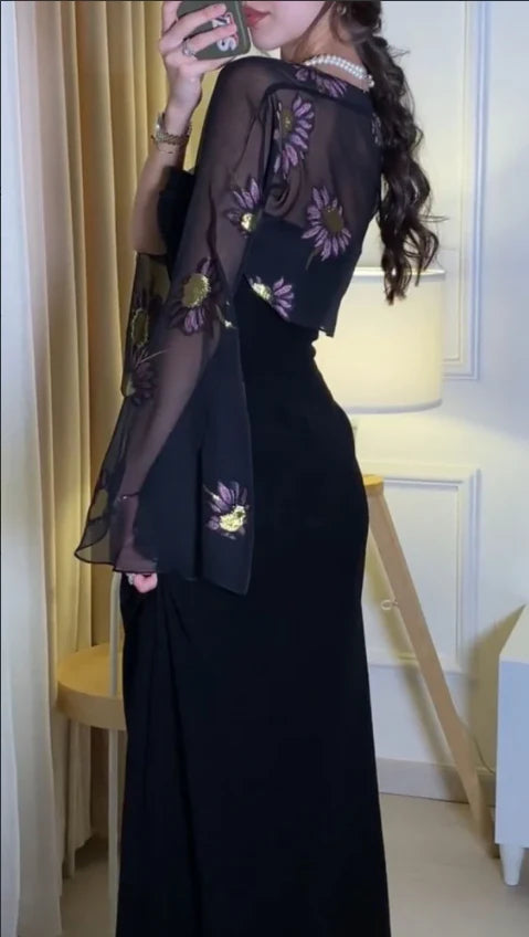 Black Strapless Prom Dress With Floral Embroidered Sheer Chiffon Shrug And Elegant Fitted Maxi Formal Prom Dress