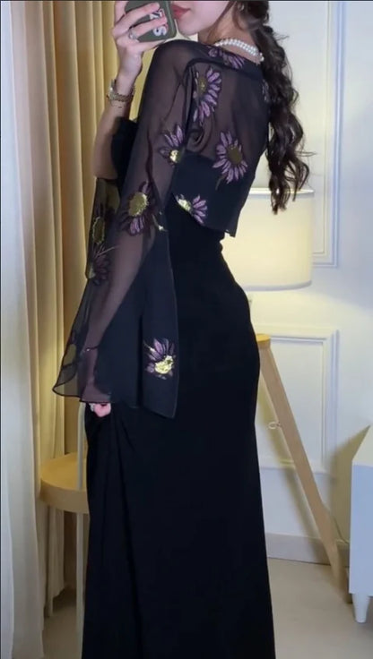 Black Strapless Prom Dress With Floral Embroidered Sheer Chiffon Shrug And Elegant Fitted Maxi Formal Prom Dress