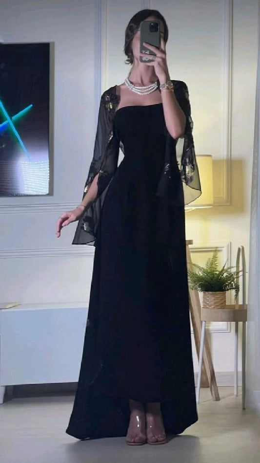 Black Strapless Prom Dress With Floral Embroidered Sheer Chiffon Shrug And Elegant Fitted Maxi Formal Prom Dress