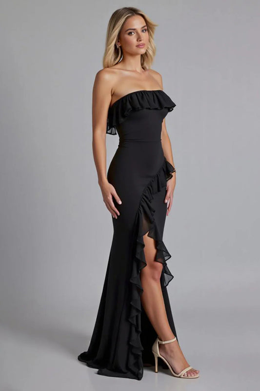 Black Strapless Prom Dress With Ruffled Neckline And High Slit Mermaid Silhouette For Formal Evening Party