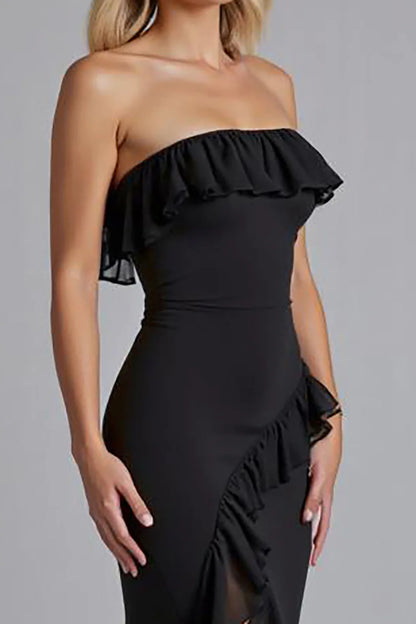 Black Strapless Prom Dress With Ruffled Neckline And High Slit Mermaid Silhouette For Formal Evening Party