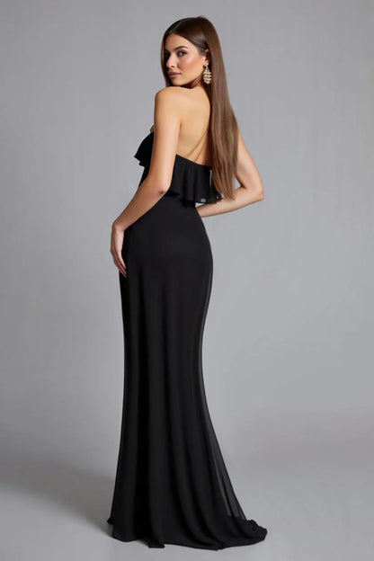 Black Strapless Prom Dress With Ruffled Neckline And High Slit Mermaid Silhouette For Formal Evening Party