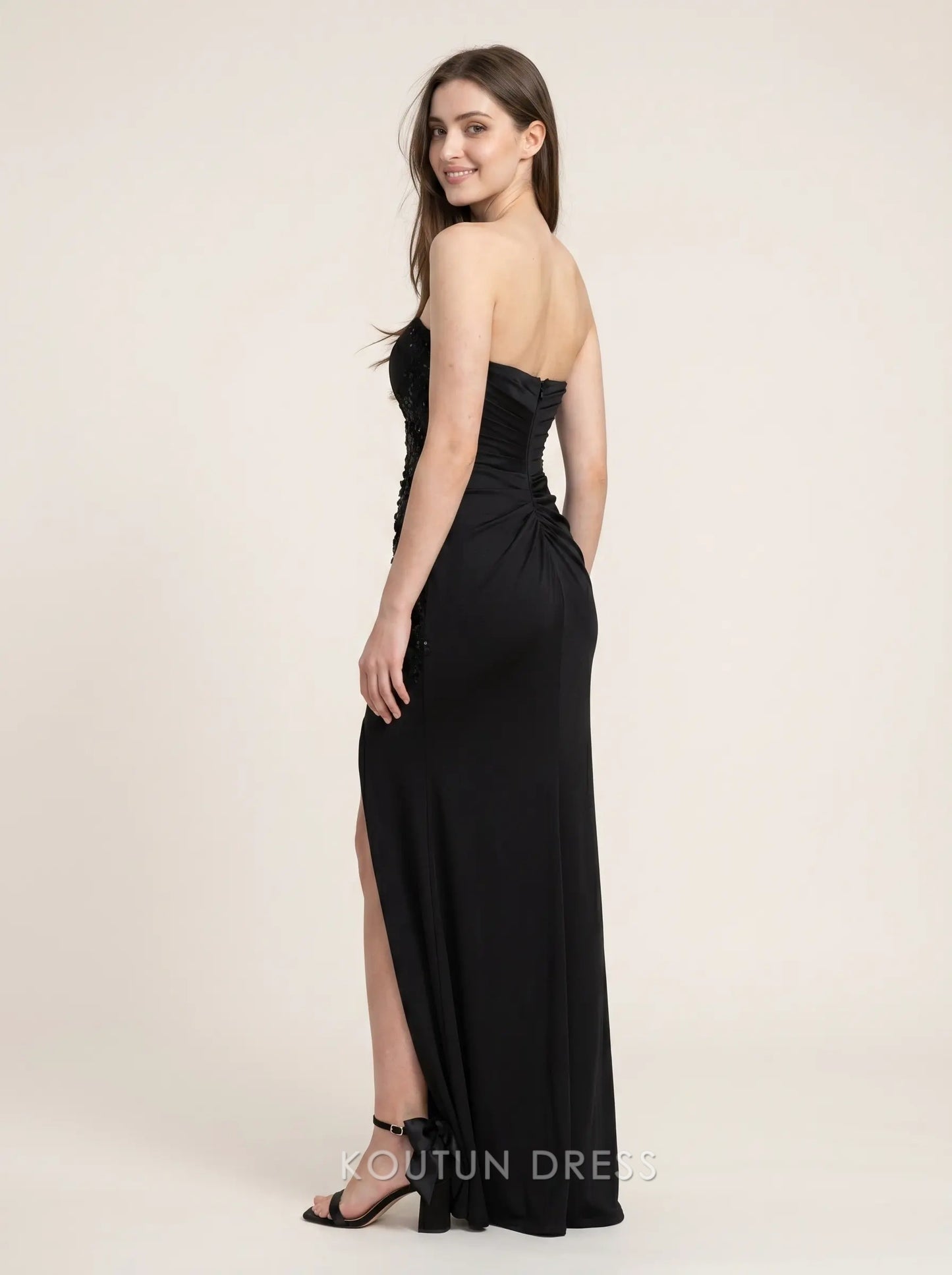 Black Strapless Sweetheart Neck Sequin Floral Appliqué High Slit Ruched Jersey Floor Length Formal Evening Prom Dress