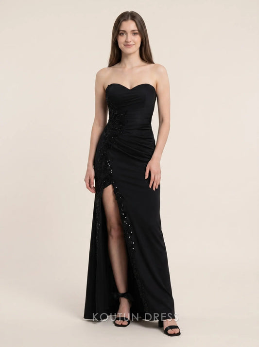 Black Strapless Sweetheart Neck Sequin Floral Appliqué High Slit Ruched Jersey Floor Length Formal Evening Prom Dress