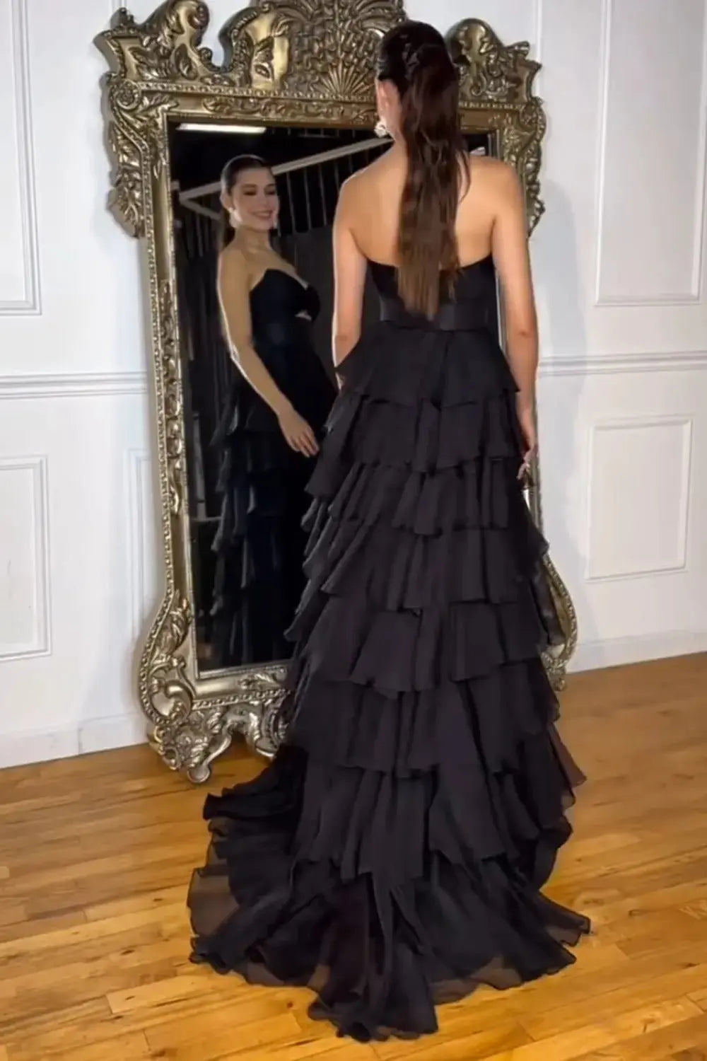 Black Strapless Tiered Tulle Prom Dress with Sweetheart Neckline and Train for Formal Events and Prom Nights