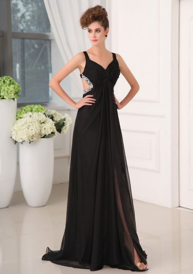 Black Sweetheart Spaghetti Strap Cutout Back Chiffon A Line Long Formal Evening Prom Dress