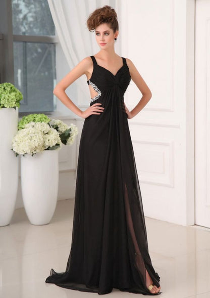 Black Sweetheart Spaghetti Strap Cutout Back Chiffon A Line Long Formal Evening Prom Dress