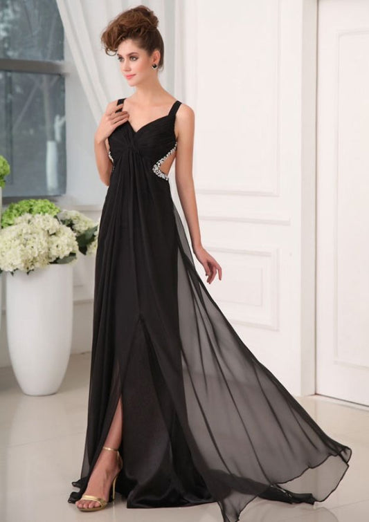 Black Sweetheart Spaghetti Strap Cutout Back Chiffon A Line Long Formal Evening Prom Dress
