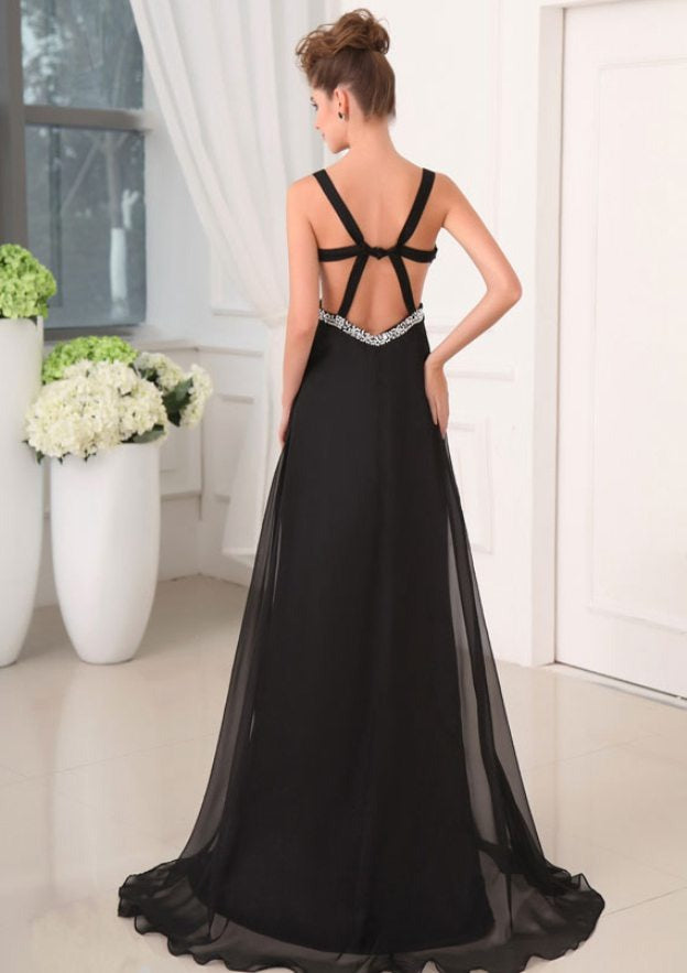 Black Sweetheart Spaghetti Strap Cutout Back Chiffon A Line Long Formal Evening Prom Dress