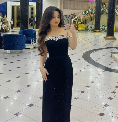 Black Velvet Maxi Prom Dresses with Off Shoulder Neck Beaded Trim Corset Waist Column Skirt for Prom and Gala