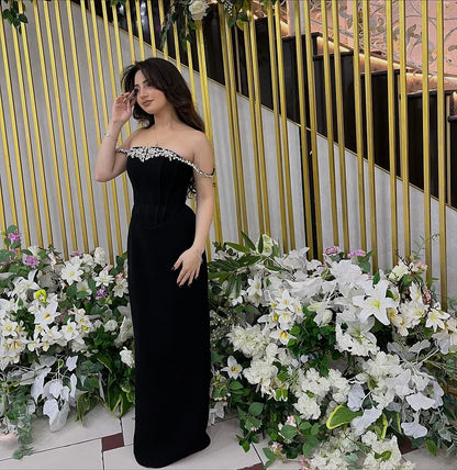 Black Velvet Maxi Prom Dresses with Off Shoulder Neck Beaded Trim Corset Waist Column Skirt for Prom and Gala