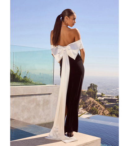 Black Velvet Off Shoulder White Bow Back Slit Long Evening Dresses