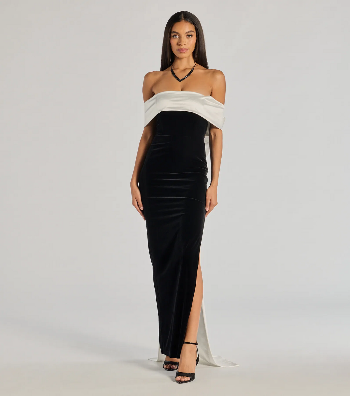 Black Velvet Off Shoulder White Bow Back Slit Long Evening Dresses