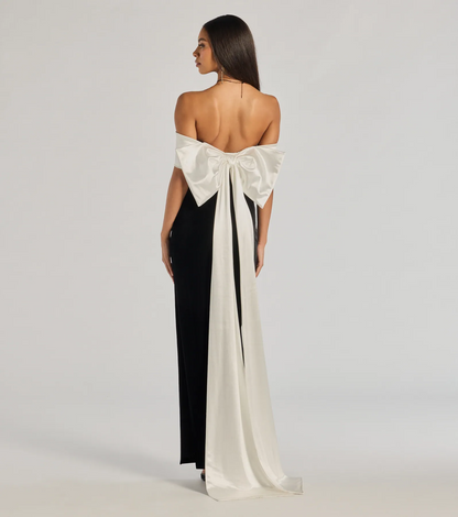 Black Velvet Off Shoulder White Bow Back Slit Long Evening Dresses