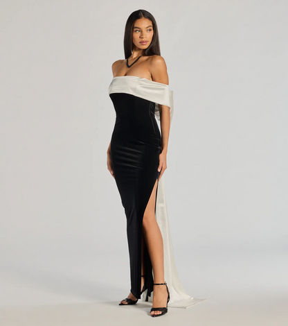 Black Velvet Off Shoulder White Bow Back Slit Long Evening Dresses