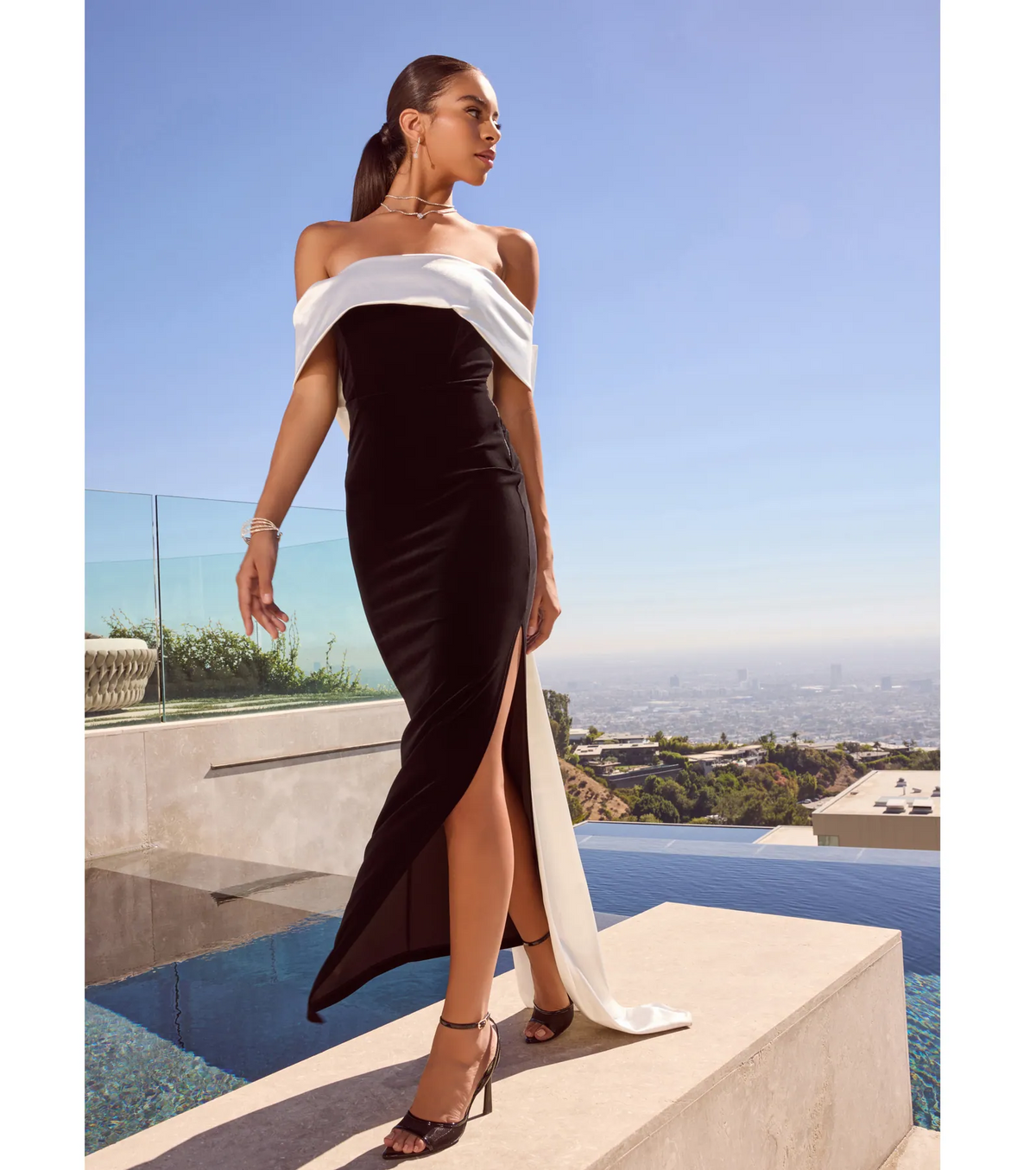Black Velvet Off Shoulder White Bow Back Slit Long Evening Dresses
