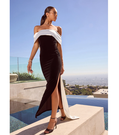 Black Velvet Off Shoulder White Bow Back Slit Long Evening Dresses