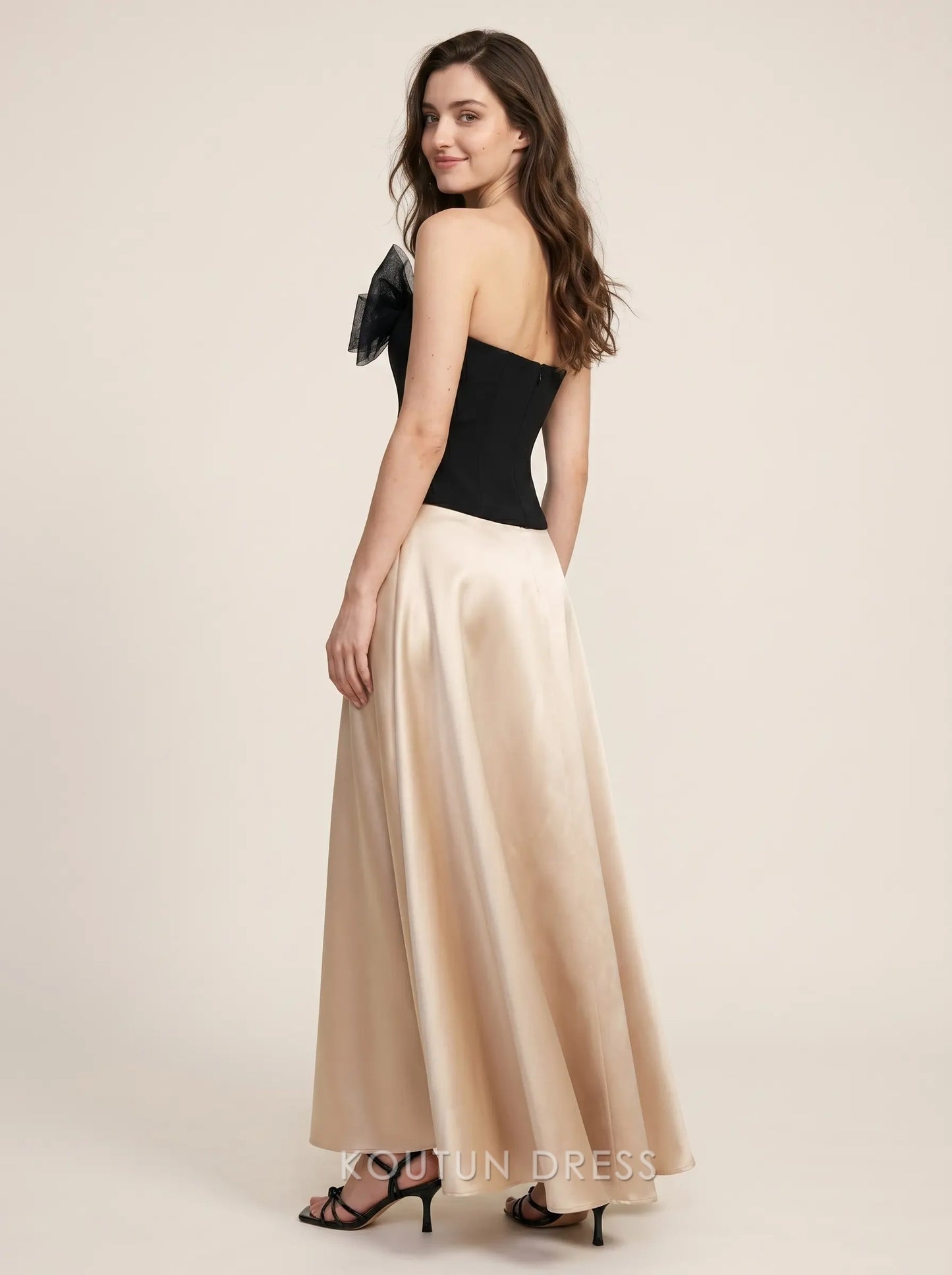 Black and Champagne Strapless Tulle Bow Rhinestone Accent Satin A Line Floor Length Formal Evening Prom Dress