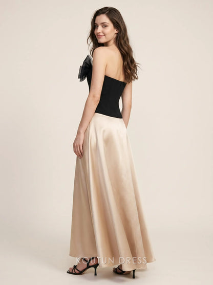 Black and Champagne Strapless Tulle Bow Rhinestone Accent Satin A Line Floor Length Formal Evening Prom Dress