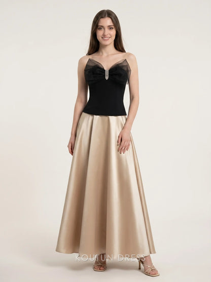 Black and Champagne Strapless Tulle Bow Rhinestone Accent Satin A Line Floor Length Formal Evening Prom Dress