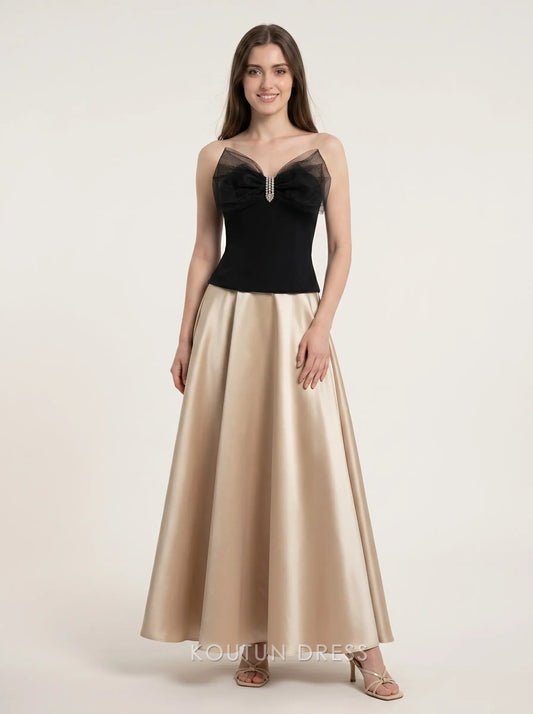 Black and Champagne Strapless Tulle Bow Rhinestone Accent Satin A Line Floor Length Formal Evening Prom Dress