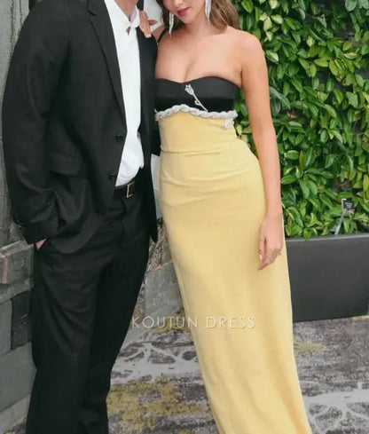 Black and Yellow Strapless Sweetheart Neck Velvet Crystal Embellished Mermaid Floor Length Prom Dress