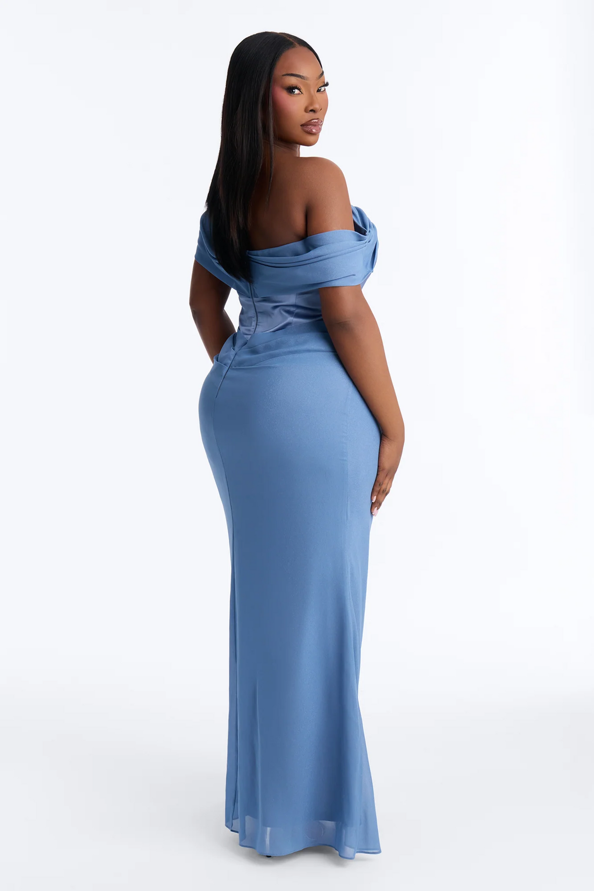 Blue Off Shoulder Corset Draped Mermaid Evening Dress