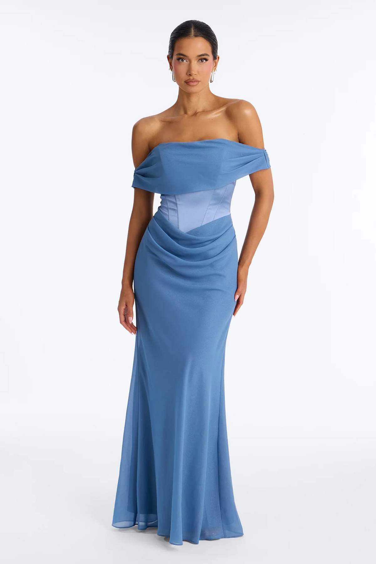 Blue Off Shoulder Corset Draped Mermaid Evening Dress