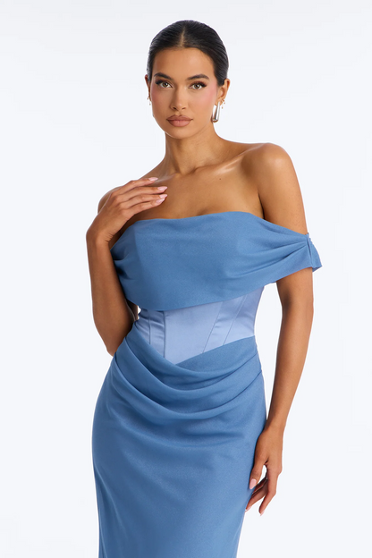 Blue Off Shoulder Corset Draped Mermaid Evening Dress