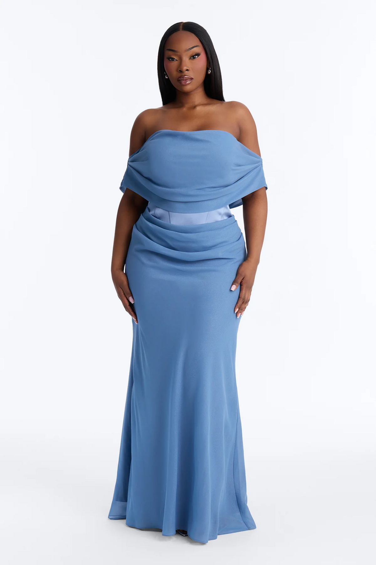 Blue Off Shoulder Corset Draped Mermaid Evening Dress
