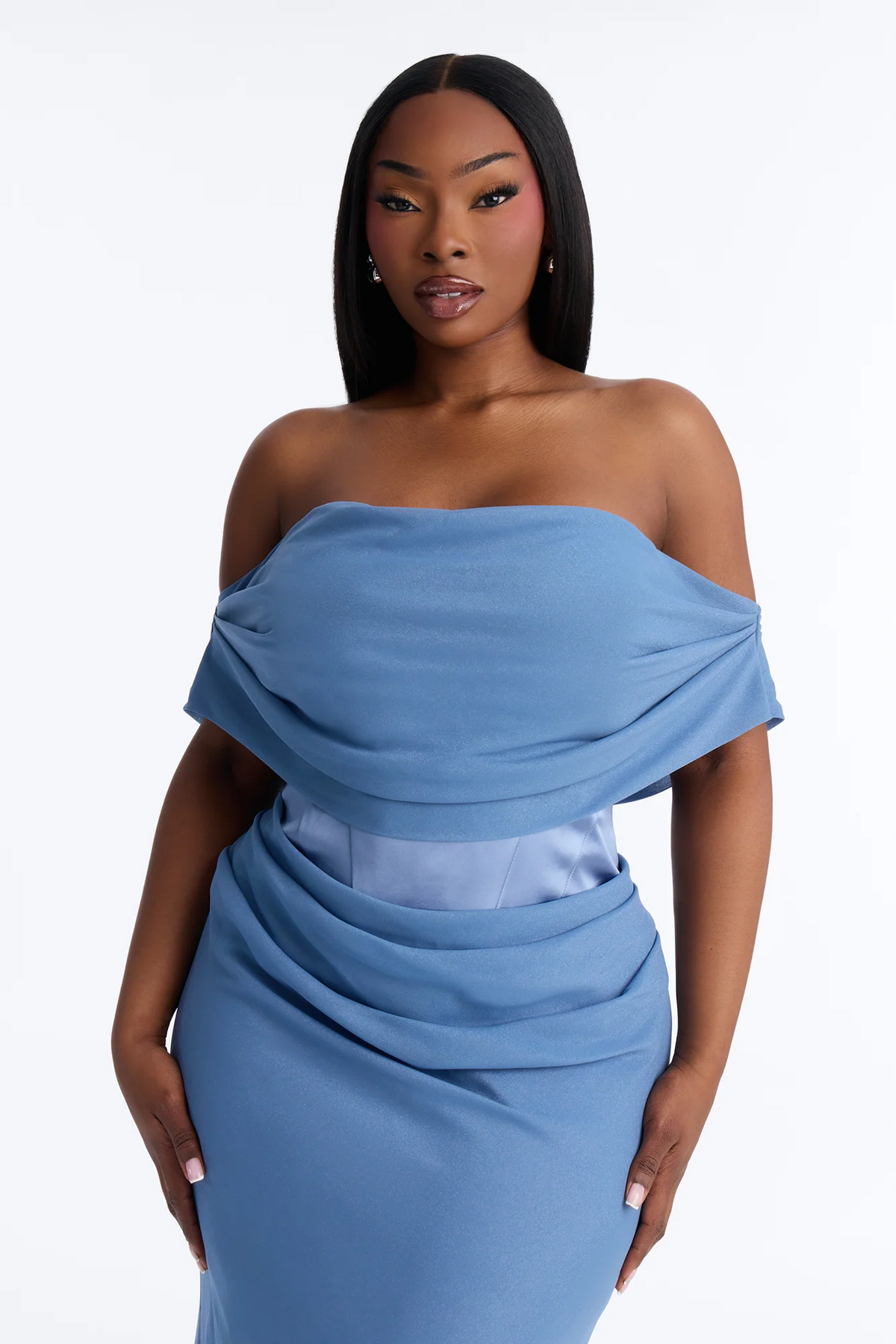 Blue Off Shoulder Corset Draped Mermaid Evening Dress