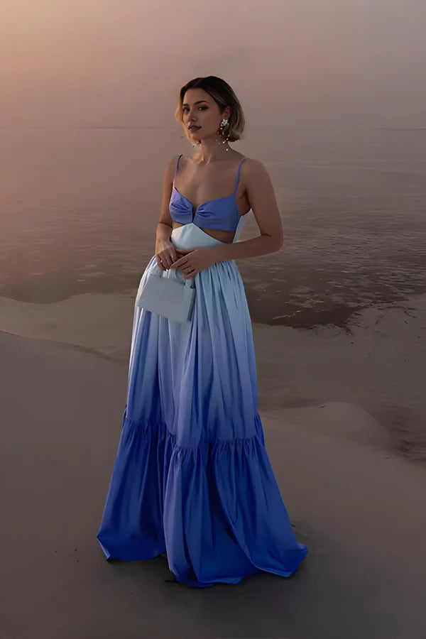 Blue Ombre Spaghetti Strap Prom Dress with Waist Cutout for Formal Events and Prom Nights